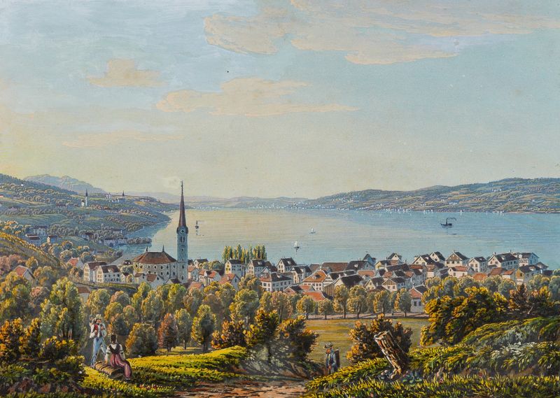 Vue de Horgen lac de Zurich by David Alois Schmid, landscape with lake and reflections, medium unknown.