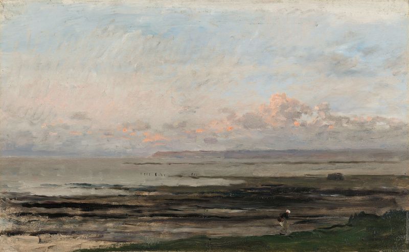 Playa en Marea Baja de Charles François Daubigny, óleo sobre lienzo que representa una costa serena y luz del océano.