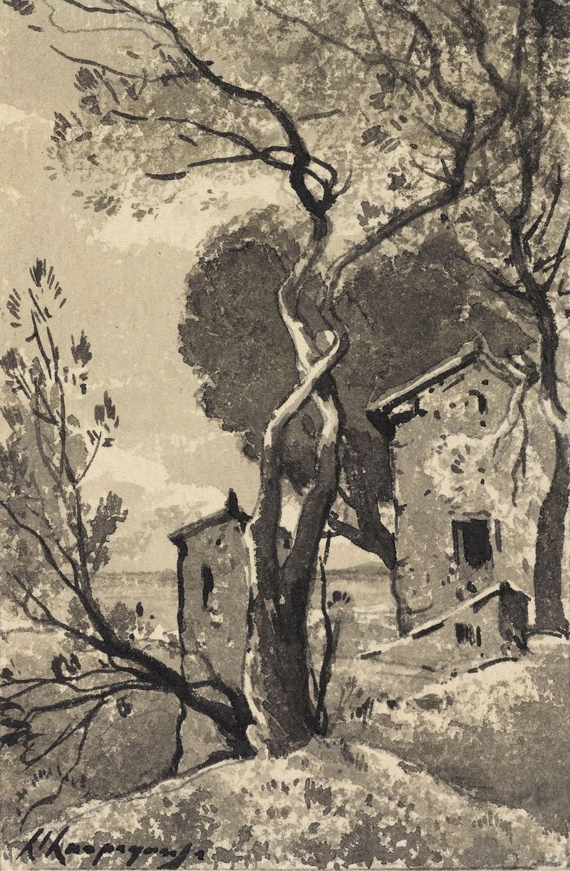 Paisagem com edifícios, óleo sobre tela de Henri-Joseph Harpignies