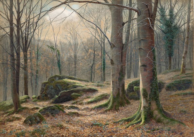 A Winter Morning, Hoar Frost Melting by James Thomas Watts, oil on canvas depicting a winter landscape.