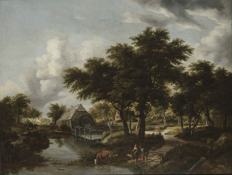 Paisaje boscoso con un molino de agua, óleo sobre lienzo de Meindert Hobbema