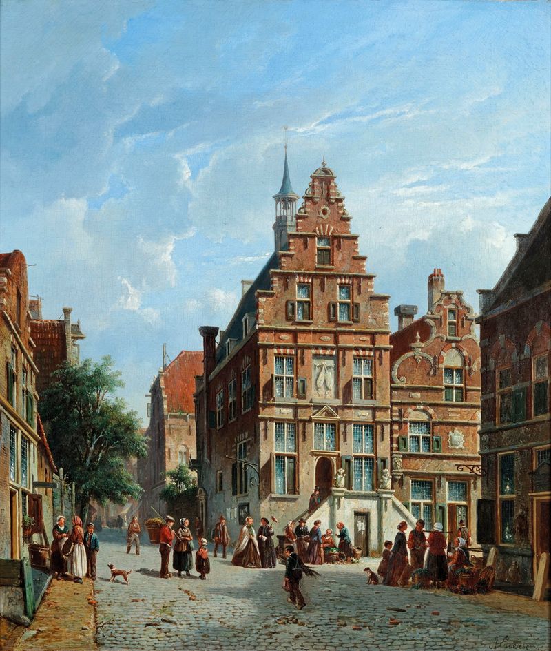 A View Of The City Hall, Oudewater by Adrianus Eversen, oil painting depicting historical architecture.