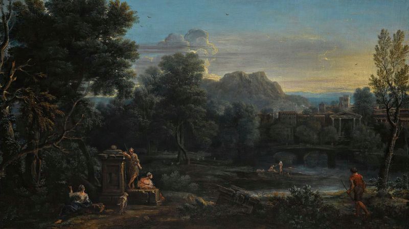 Wooded classical landscape with figures bathing in the river, by John Wootton.