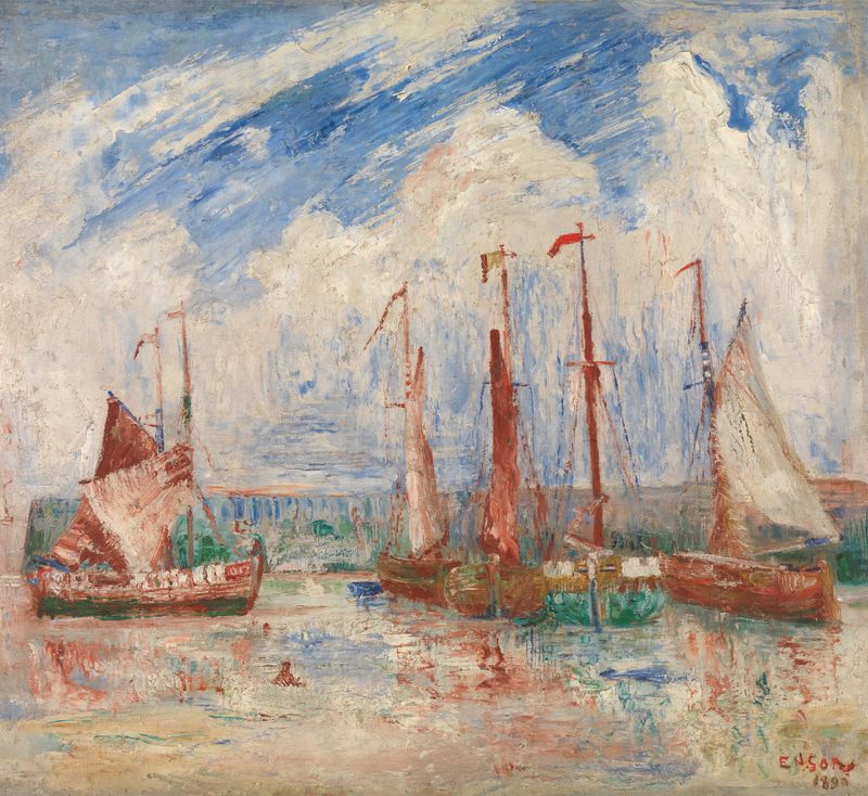 Sloops de James Ensor, óleo sobre tela que retrata barcos com velas em um oceano azul.