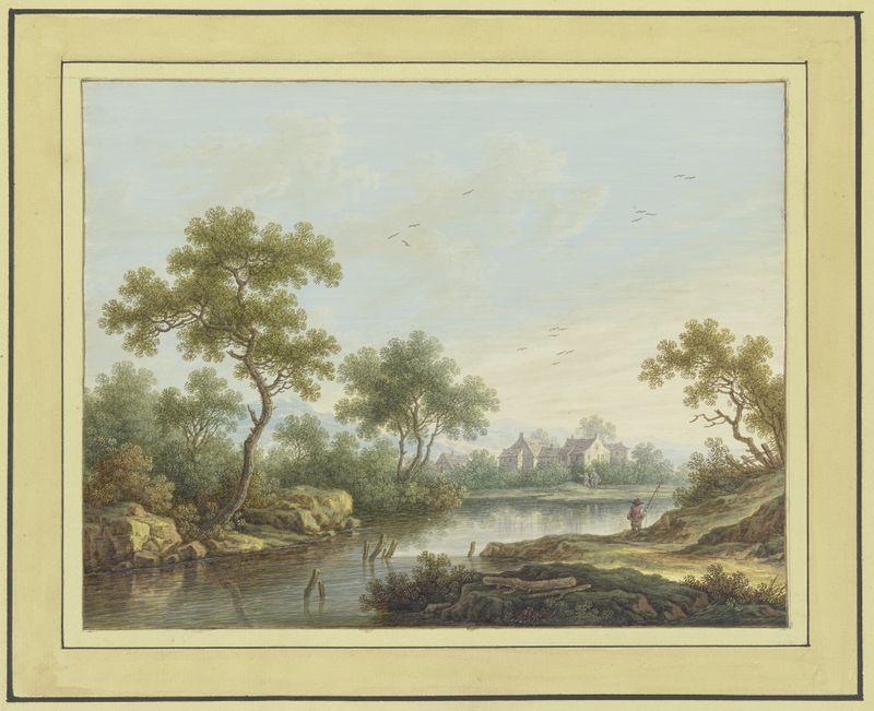 Paisaje con un río y un pescador, pintura al óleo de Carl Sebastian von Bemmel