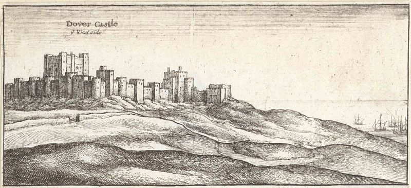 Grabado de Wenceslaus Hollar que representa el Castillo de Dover en un paisaje tranquilo.