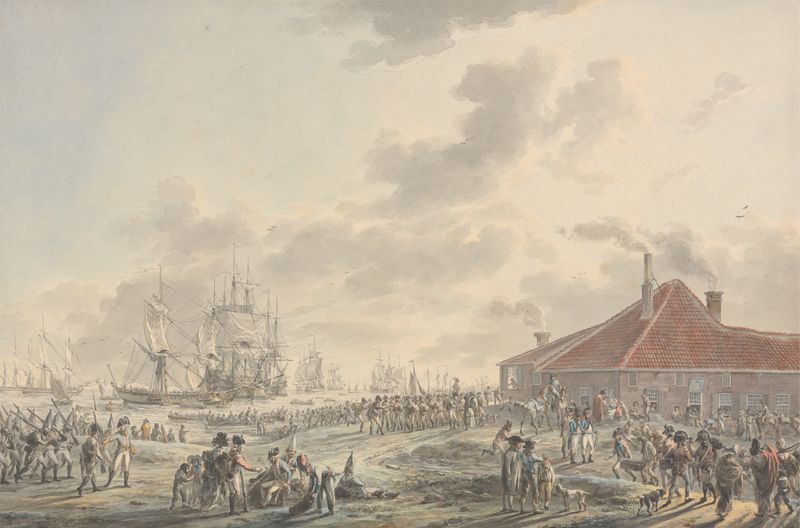 British Troops Disembarking, oil on canvas by Dirk Langendijk, soldiers stepping onto the shore.