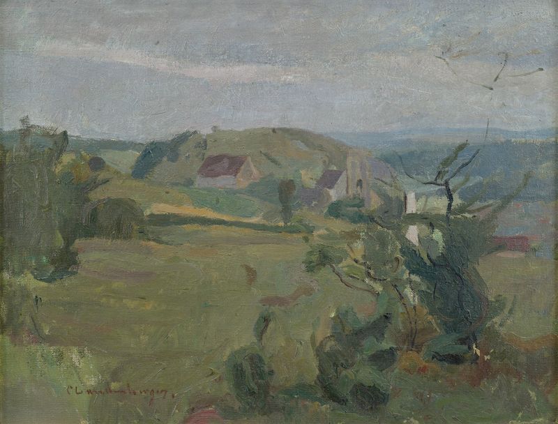 Landschaft am Rechtenstein, oil on canvas by Christian Landenberger, depicting hills and sunlight.