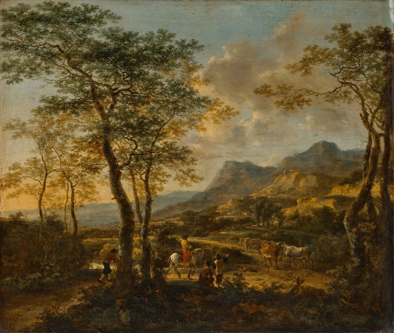 Extensive Italianate landscape with a traveler and drovers, oil on canvas by Jan Both