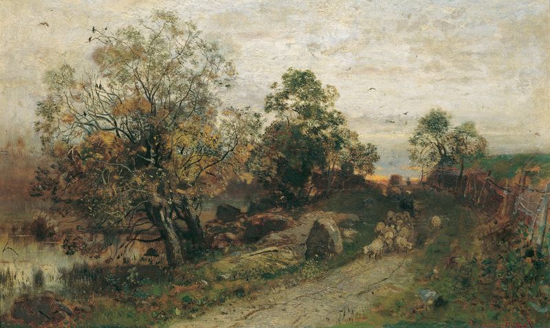 Paisaje crepuscular con tonos índigo, pintura al óleo de Eugen Jettel