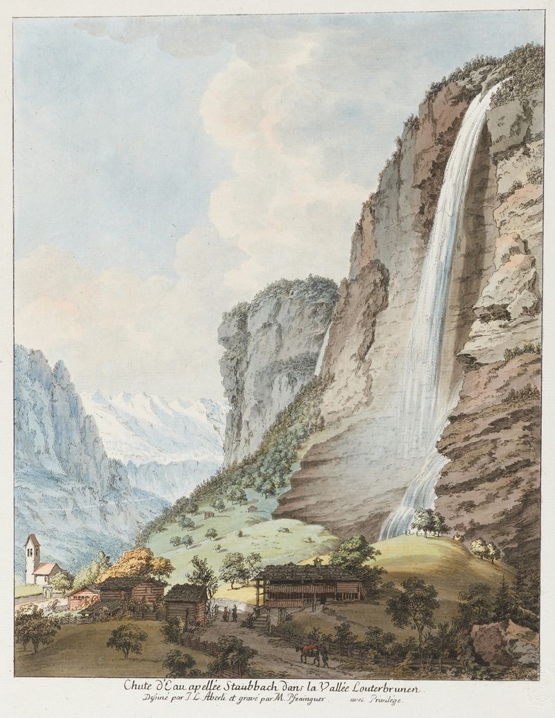 waterfall in a Swiss landscape, oil painting by Johann Ludwig Aberli