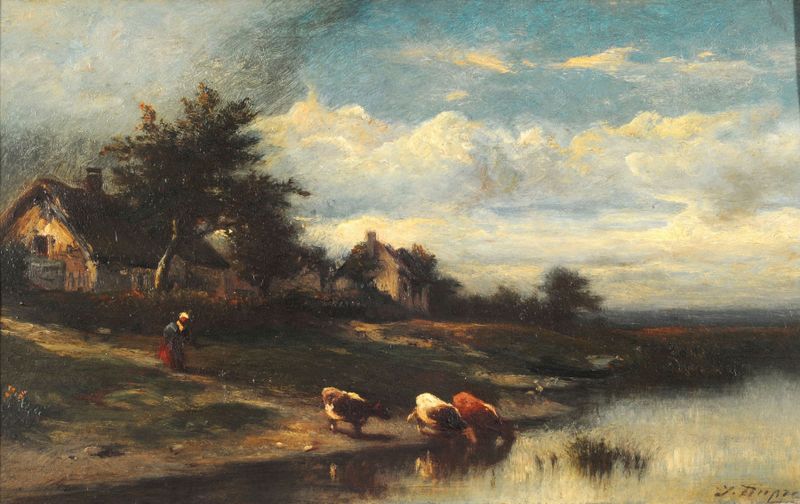Paisagem retratando um rio ao crepúsculo por Jules Dupré, pintura a óleo