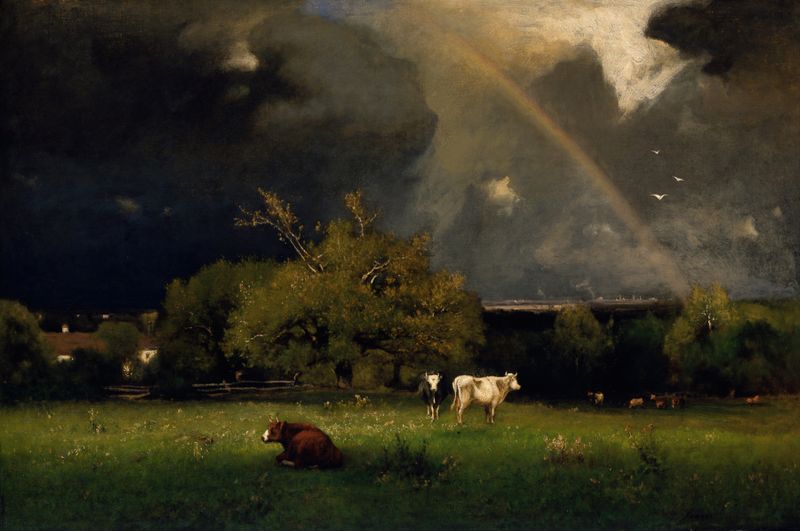 O Arco-íris de George Inness, óleo sobre tela, apresenta um arco-íris sobre uma paisagem vibrante.
