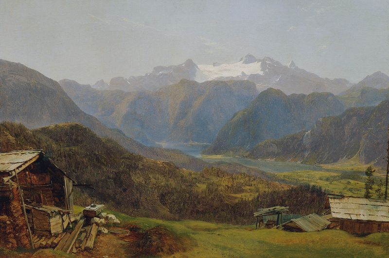 Pintura de paisagem a óleo de Friedrich Loos representando montanhas e um lago.