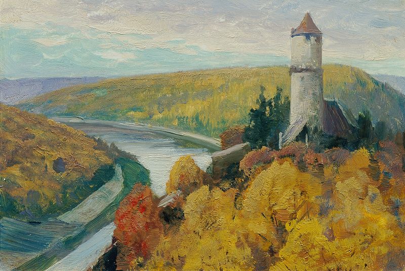 Moldau by Ferdinand Engelmüller, an impressionist landscape depicting a river with reflections and light.