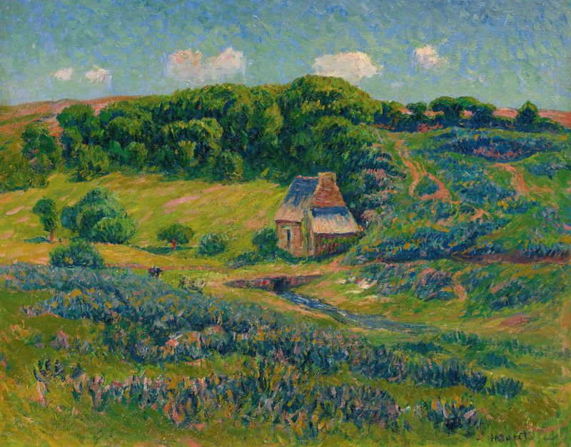 Paisaje rural con una granja y árboles, óleo sobre lienzo de Henry Moret