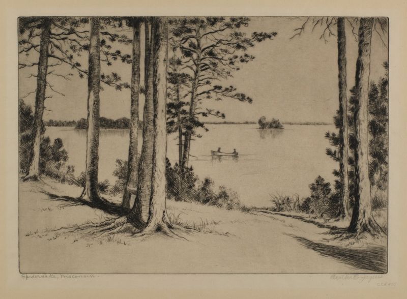 Watercolour by Bertha Jaques depicting Spider Lake, Wisconsin at twilight.