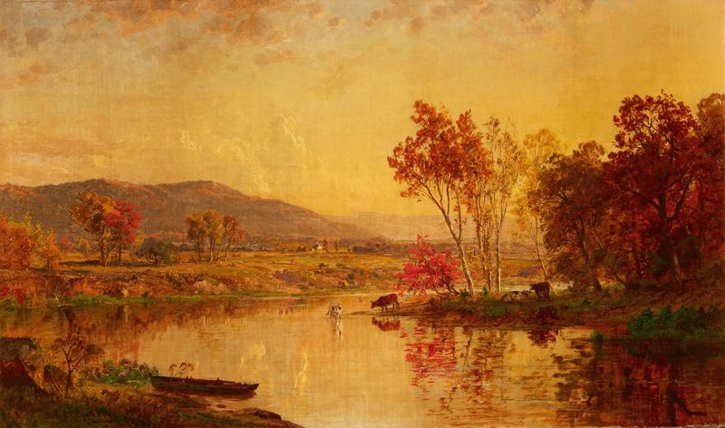 An Autumn Landscape with Cattle Watering at a River, óleo sobre tela de Jasper Francis Cropsey
