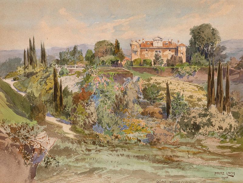 A view of Cronberg Castle in Görz de Fritz Lach, óleo sobre tela, mostrando a luz do pôr do sol e sombras.