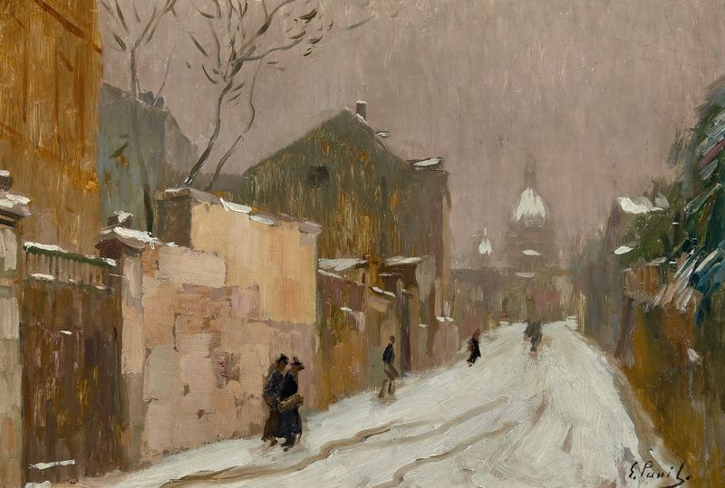 Montmatre en hiver by Elie Anatole Pavil, oil on canvas depicting figures in a snowy landscape.