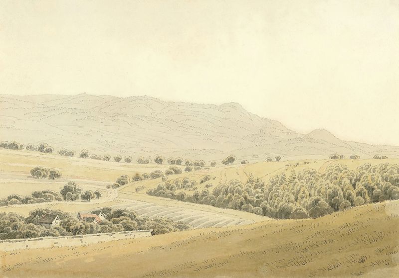 Highlands de Caspar David Friedrich, óleo sobre lienzo que muestra montañas y valles bajo un cielo melancólico.