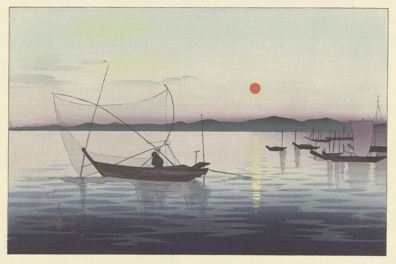 Ukiyo-e by Ohara Koson depicting boats on water at sunset