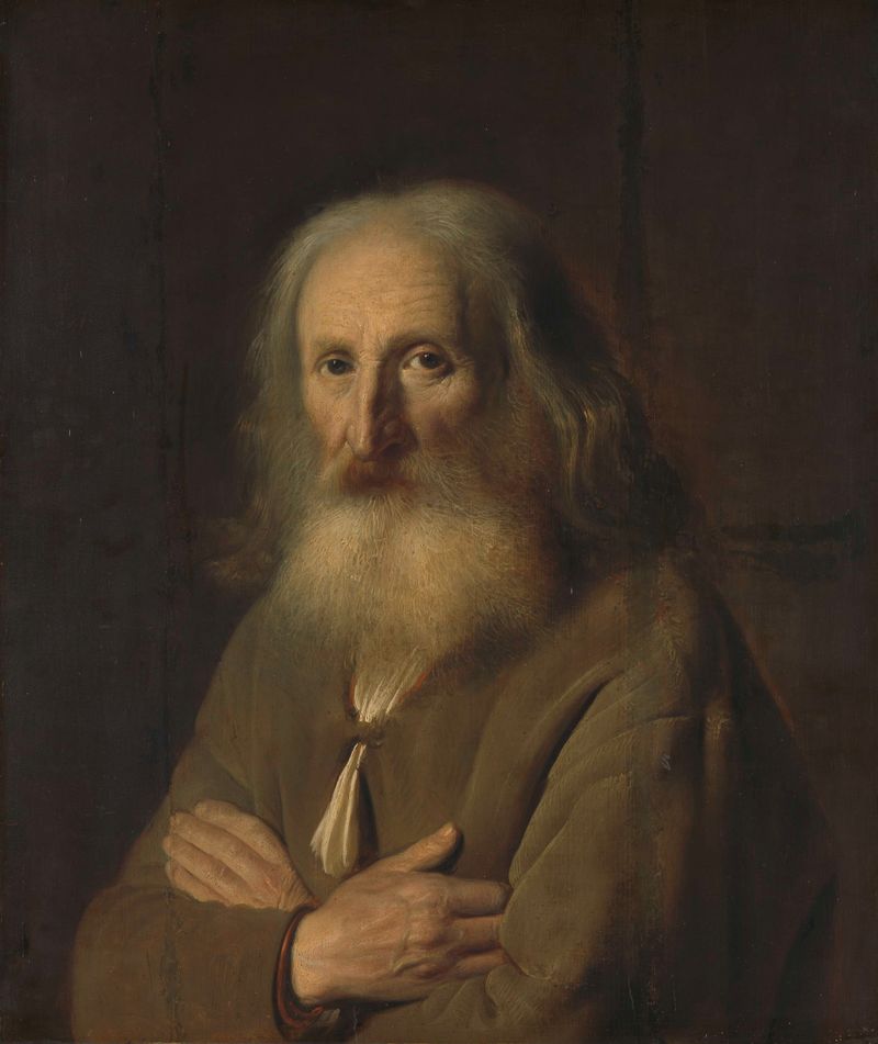 Retrato de un anciano con los brazos cruzados, óleo sobre panel de Simon Kick