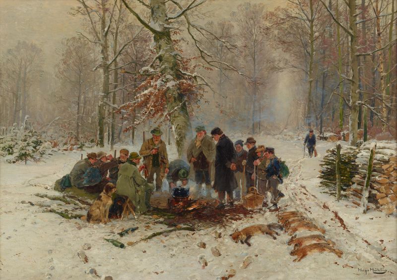 Oil on canvas by Hugo Mühlig depicting a deer chase in a forest.