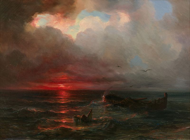 Oil painting by Théodore Gudin depicting a sunset over the shore with gentle waves.