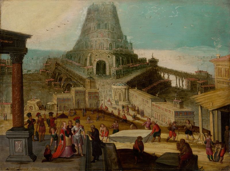 A Construção da Torre de Babel, óleo sobre tela de círculo de Louis de Caulery
