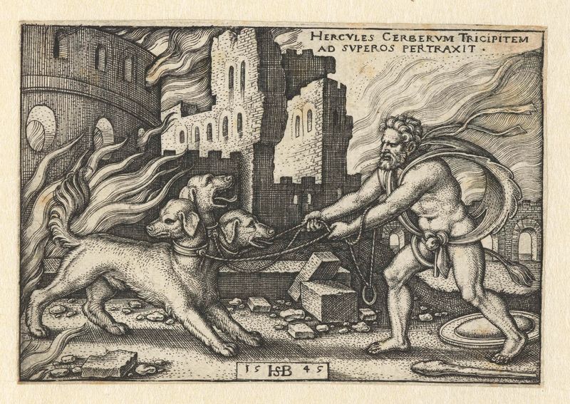 Hércules lutando com Cérbero, gravura de Hans Sebald Beham