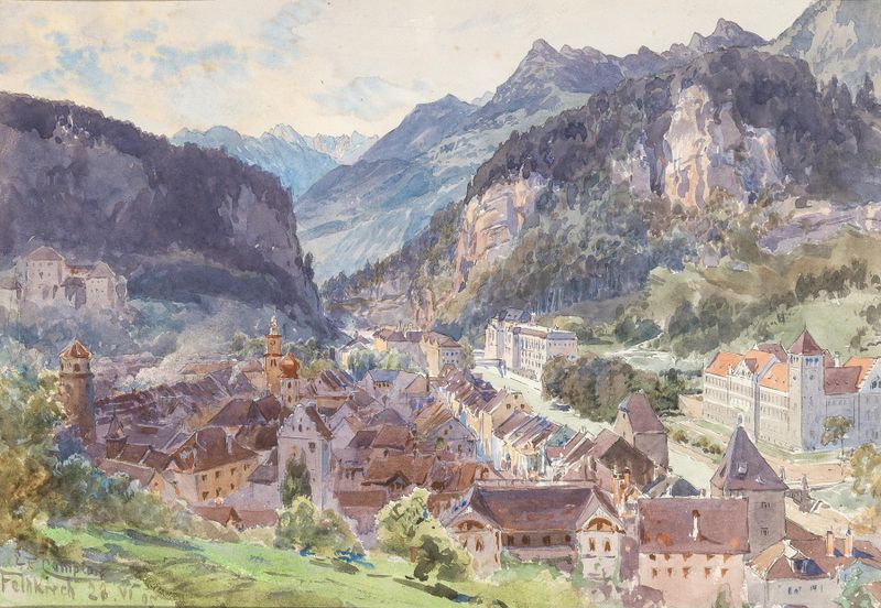 Uma vista da cidade de Feldkirch em Vorarlberg, óleo sobre tela de Edward Theodore Compton