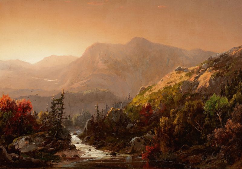 Autumn landscape oil painting by William Louis Sonntag featuring hills and a colorful sky.