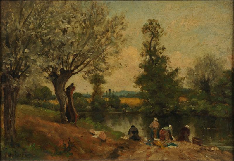 Paisaje con figuras lavando ropa de Eugène Lambert, pintura al óleo