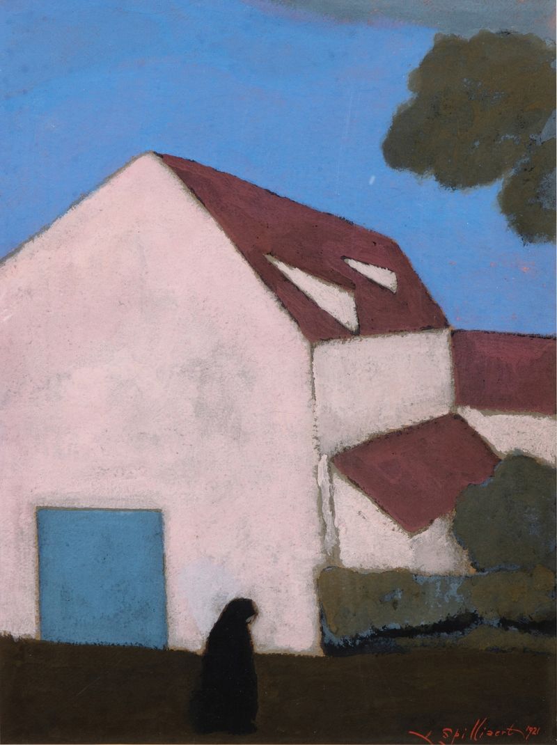 Paisagem de Léon Spilliaert, retratando uma fazenda e a silhueta de uma mulher, 1921