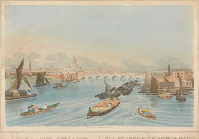 Engraving by Robert Havell Jr. depicting Blackfriars Bridge and St. Paul's Cathedral against a dramatic sky.