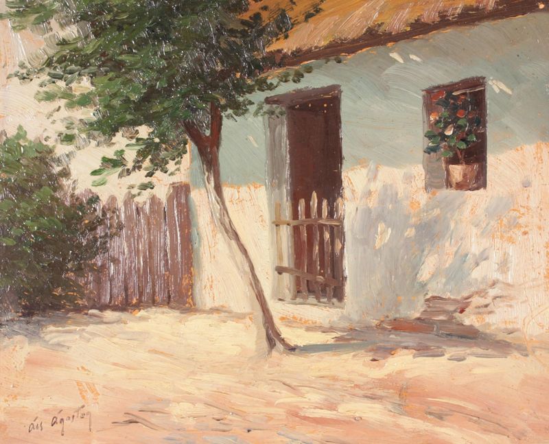 Landscape of a farmhouse with a wooden fence by Ágoston Ács, realism