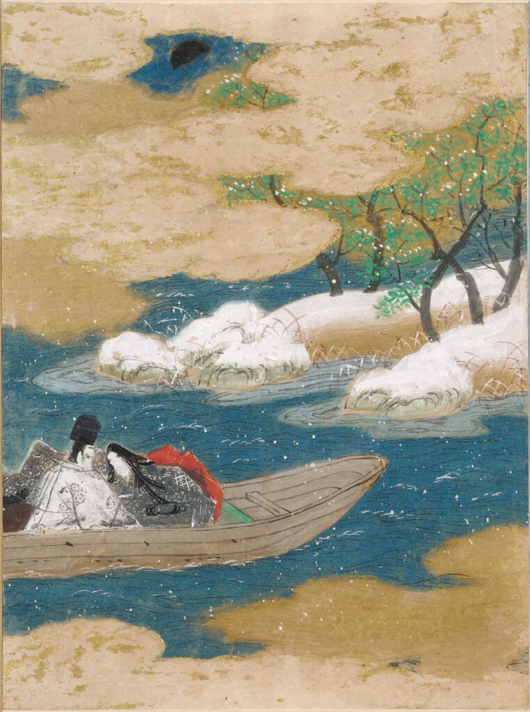 Ukiyo-e de Tosa Mitsunobu retratando um barco em água tranquila, meio dourado