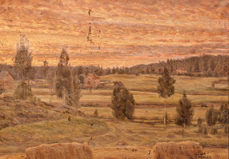 Evening Landscape by Herman Norrman, oil painting featuring a tree silhouetted against a twilight sky.