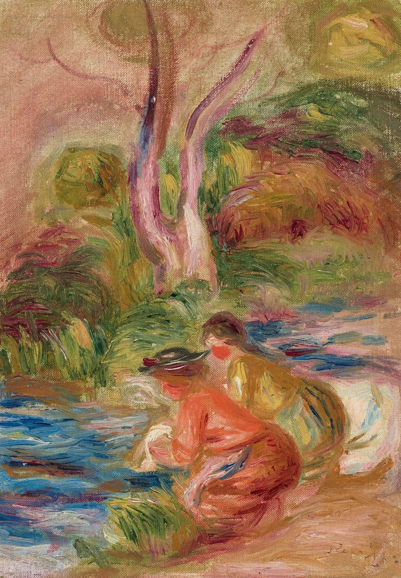 Les Laveuses de Pierre-Auguste Renoir, óleo sobre lienzo que muestra a mujeres lavando ropa junto a un río.