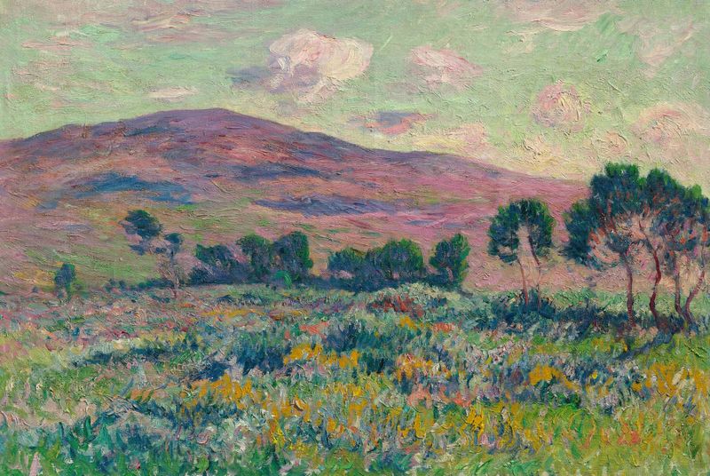Lande Bretonne by Henry Moret, oil on canvas depicting a stormy coastline with vibrant greens and blues.