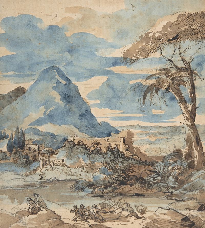 Landscape with Fishermen by Théodore Géricault, oil painting depicting fishermen by a river with hills and sky.
