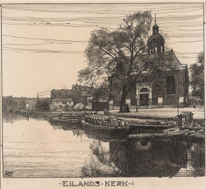 Interior de De Eilands Kerk te Amsterdam por Willem Wenckebach, óleo sobre tela, com vitrais e luz quente.