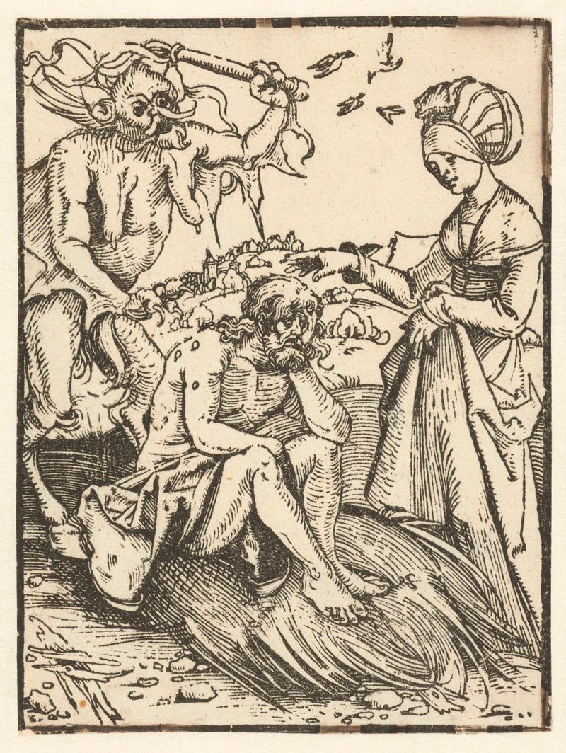 Job op de mestvaalt de Albrecht Dürer, grabado en papel que muestra a Job en desesperación con una capa.