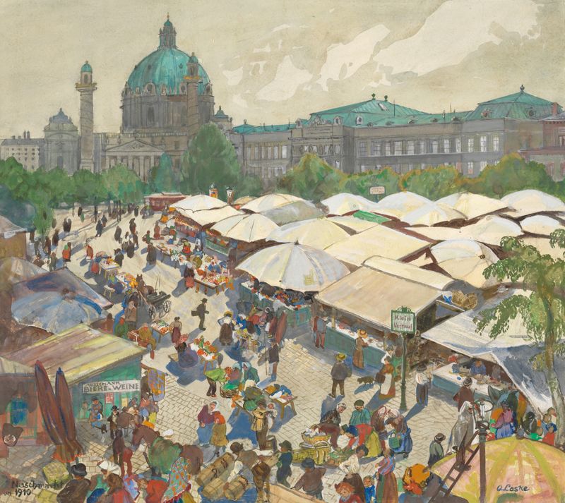 Escena de género que representa un mercado con la Karlskirche de Oskar Laske, pintura al óleo