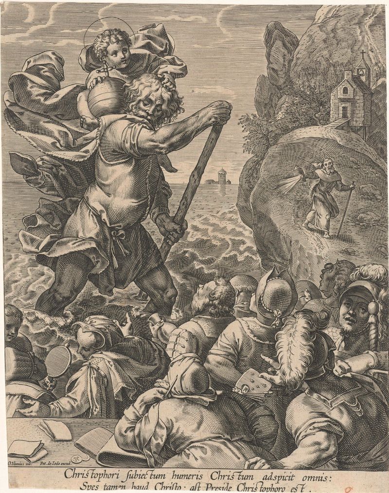 São Cristóvão e espectadores em uma gravura de Pieter de Jode
