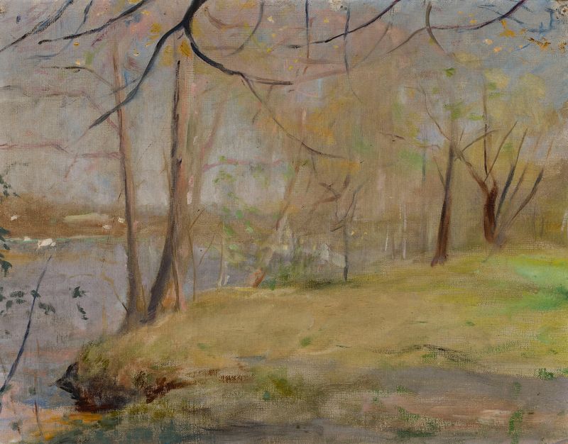 Pintura de paisaje al óleo de Jan Ciągliński con tonos suaves y apagados.
