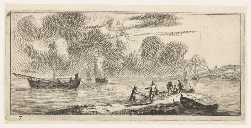 Kustlijn met mannen vissend in ondiep water, grabado de Reinier Nooms que muestra pescadores en aguas poco profundas.
