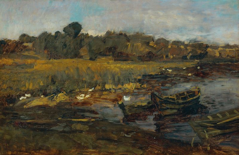 Landscape with reeds and ducks, oil on canvas by Carl Schuch