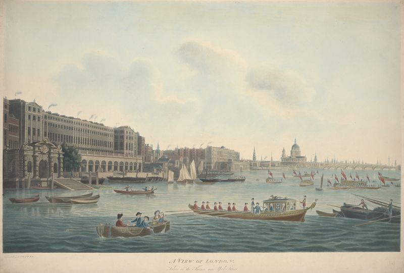 Landscape oil painting by John William Edye depicting the Thames at dawn.